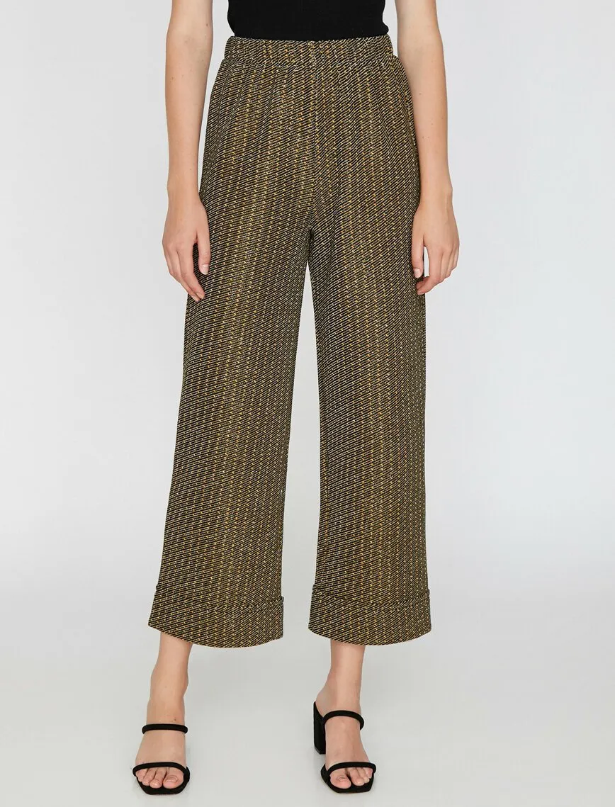 16302 Brown Elastic Waist Patterned Trousers