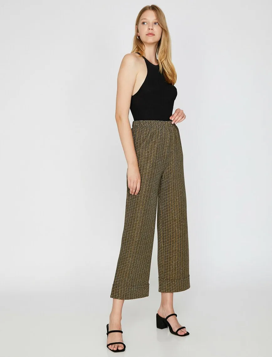 16302 Brown Elastic Waist Patterned Trousers