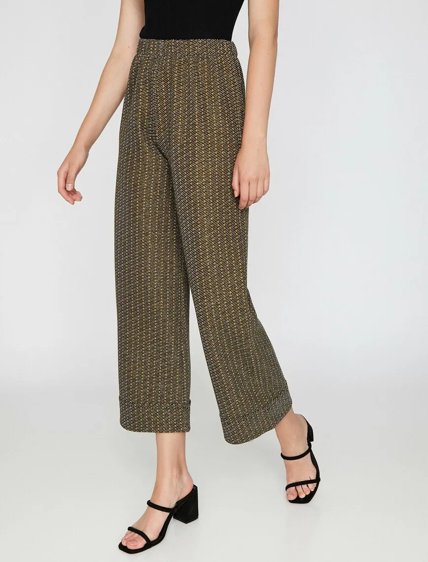 16302 Brown Elastic Waist Patterned Trousers