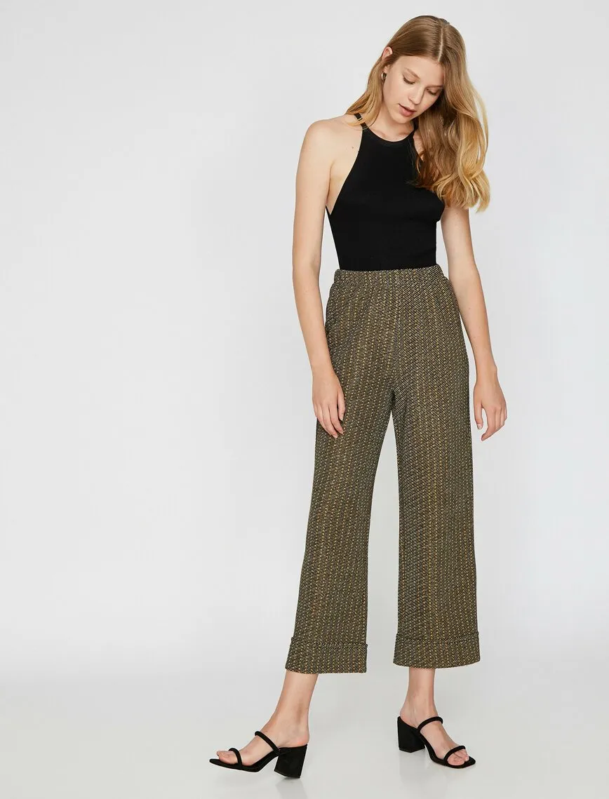 16302 Brown Elastic Waist Patterned Trousers