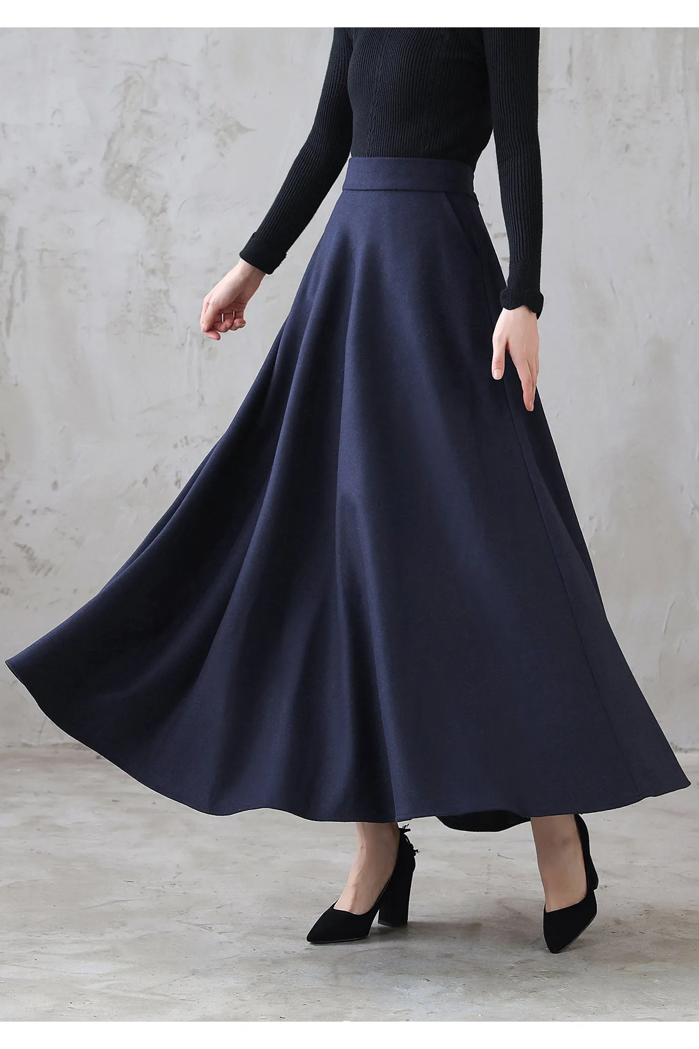 A Line Long Wool Skirt with Pockets 3116