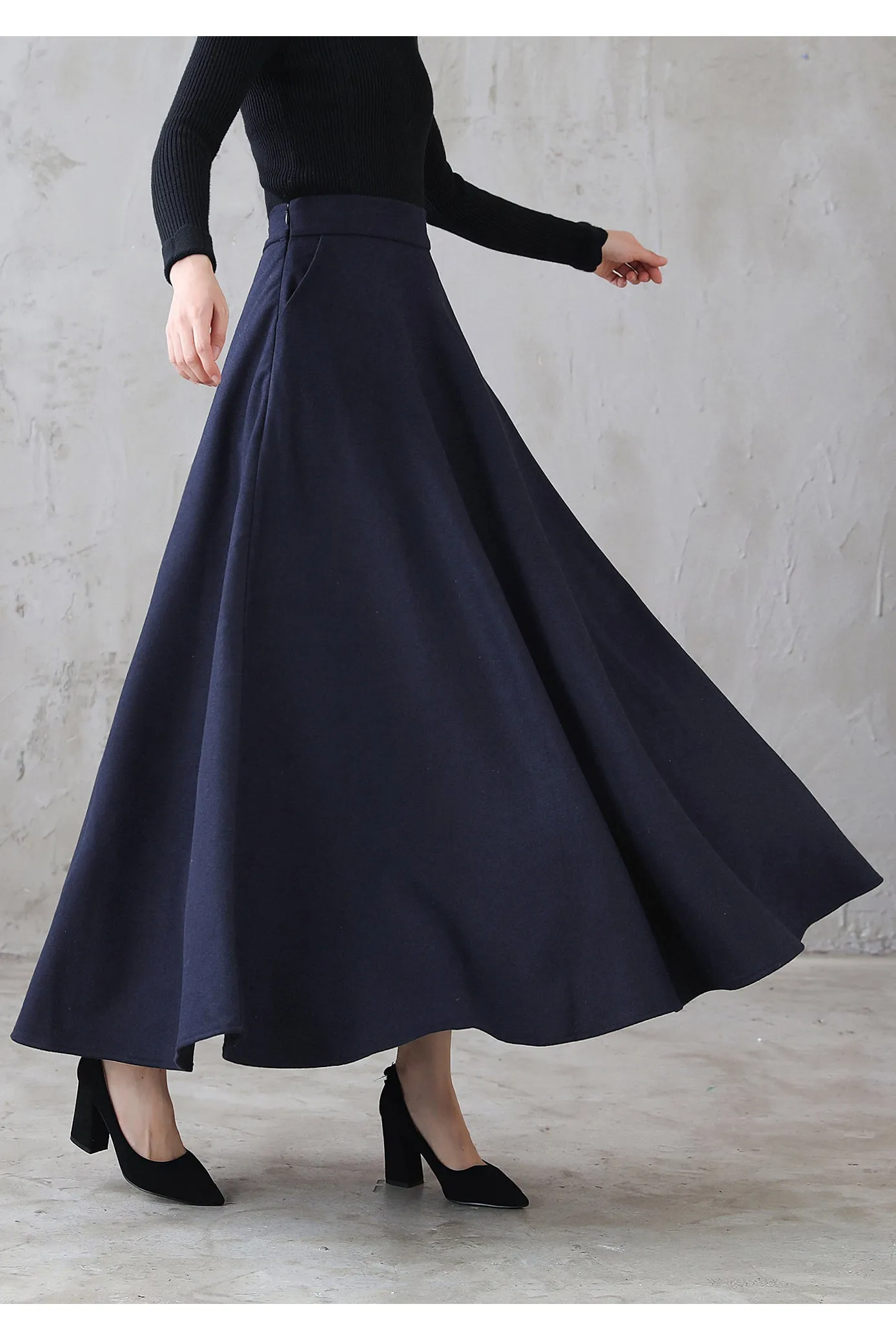 A Line Long Wool Skirt with Pockets 3116