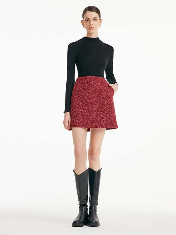 A-Line Woolen Tweed Mini Skirt