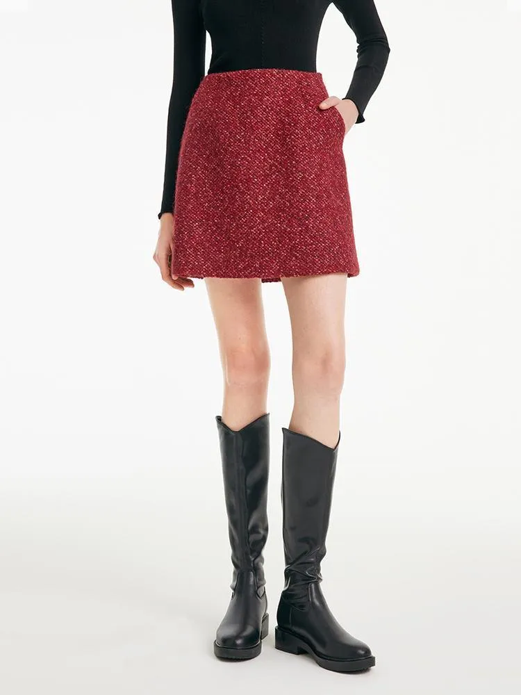 A-Line Woolen Tweed Mini Skirt