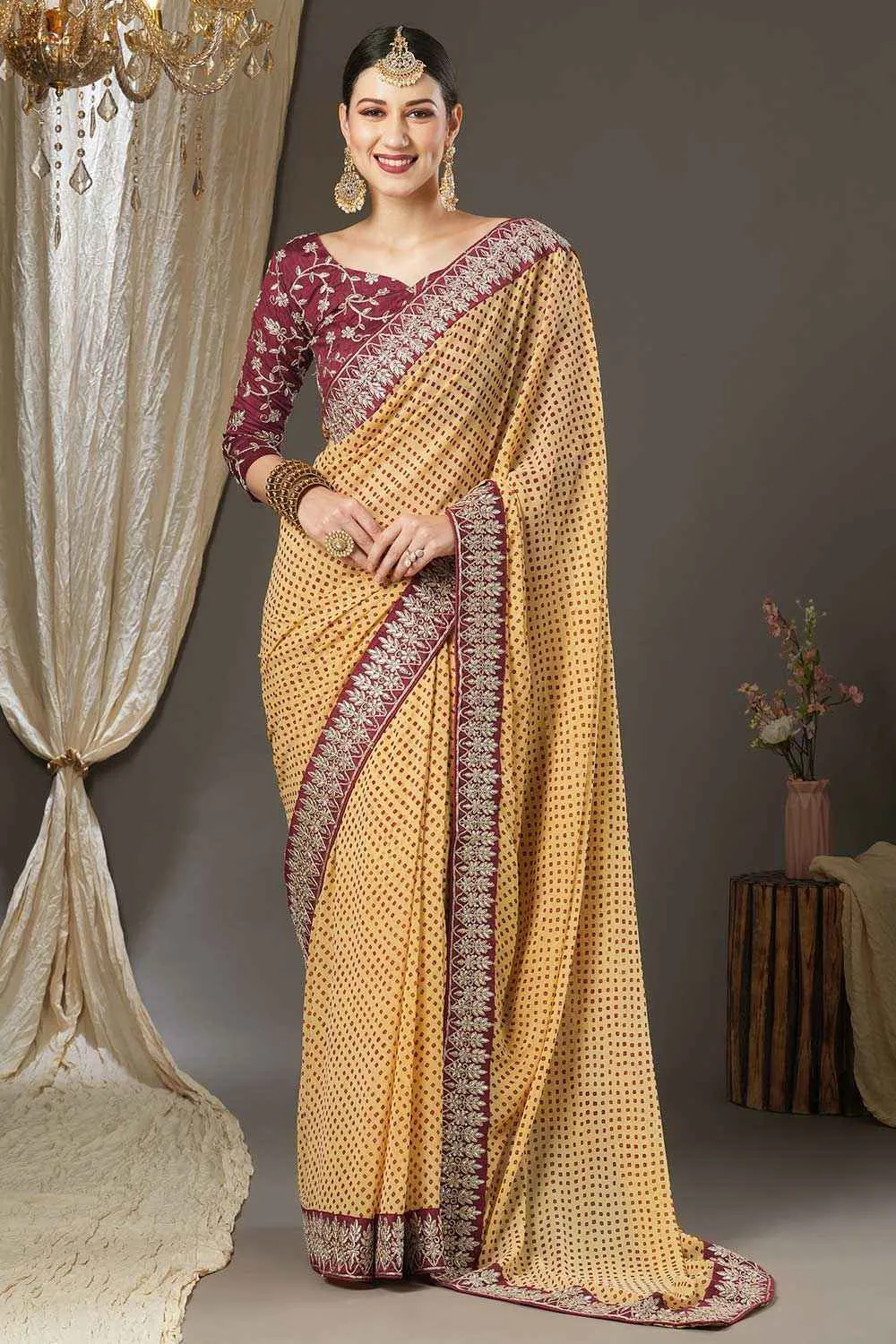 Aisha Cream Georgette Zari Embroidered Bandhani One Minute Saree