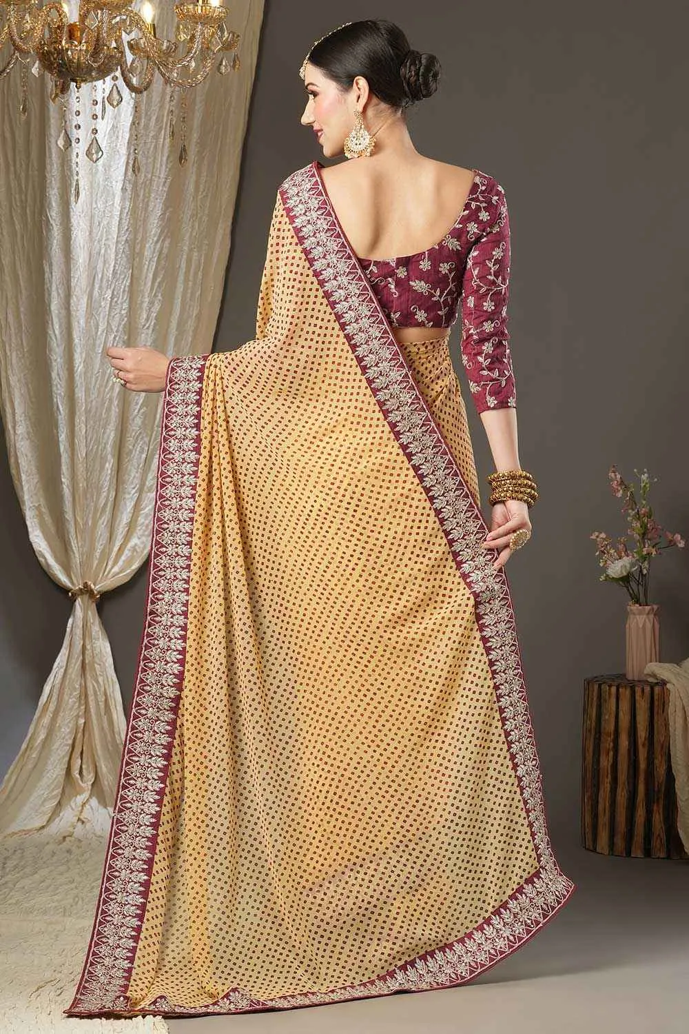 Aisha Cream Georgette Zari Embroidered Bandhani One Minute Saree