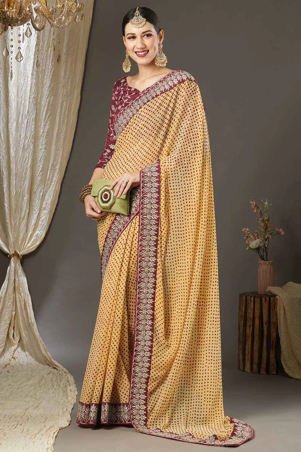 Aisha Cream Georgette Zari Embroidered Bandhani One Minute Saree