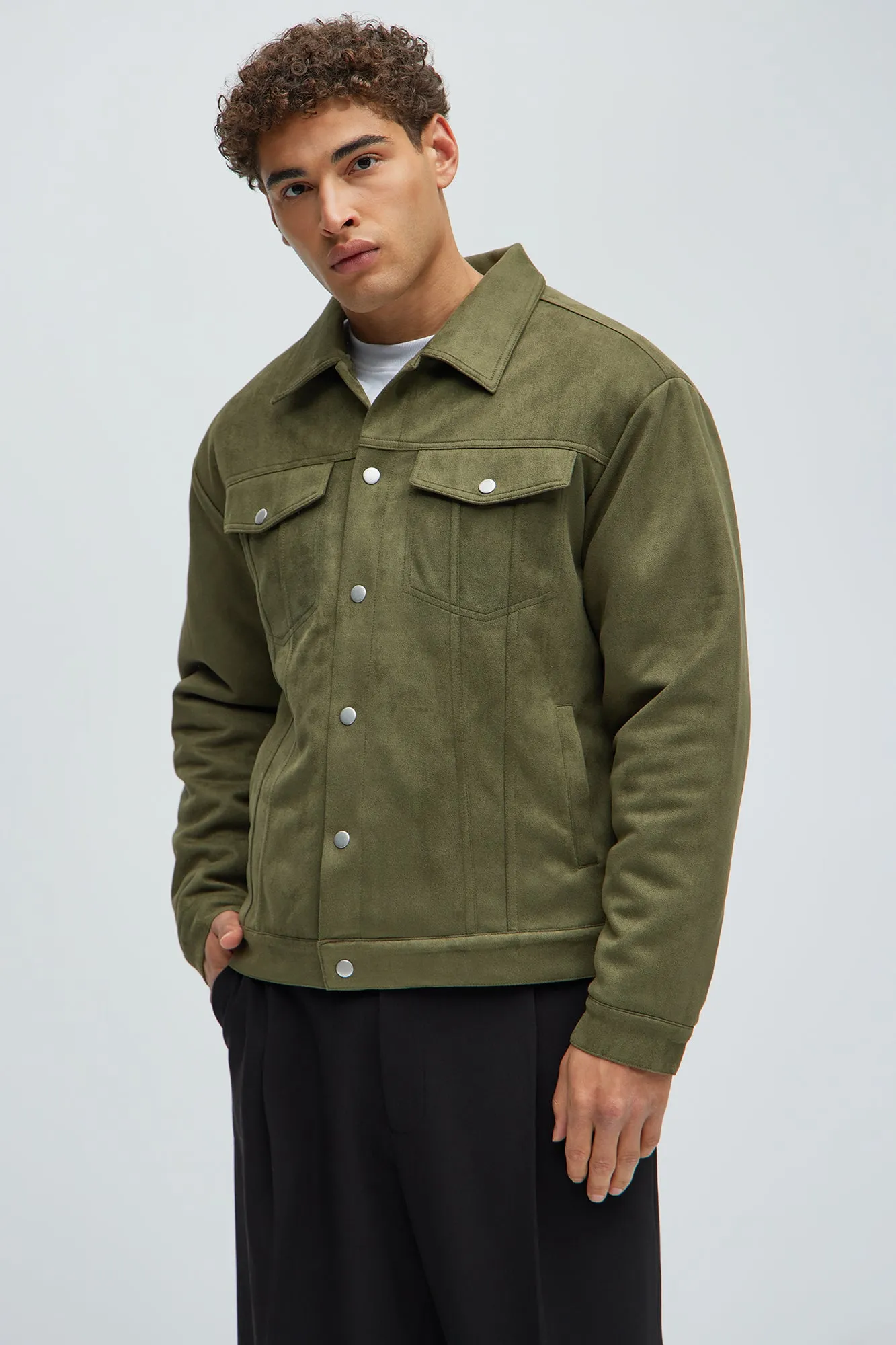 Ardee Faux Suede Padded Trucker Jacket - Olive