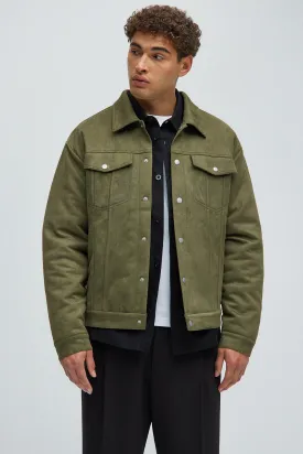 Ardee Faux Suede Padded Trucker Jacket - Olive