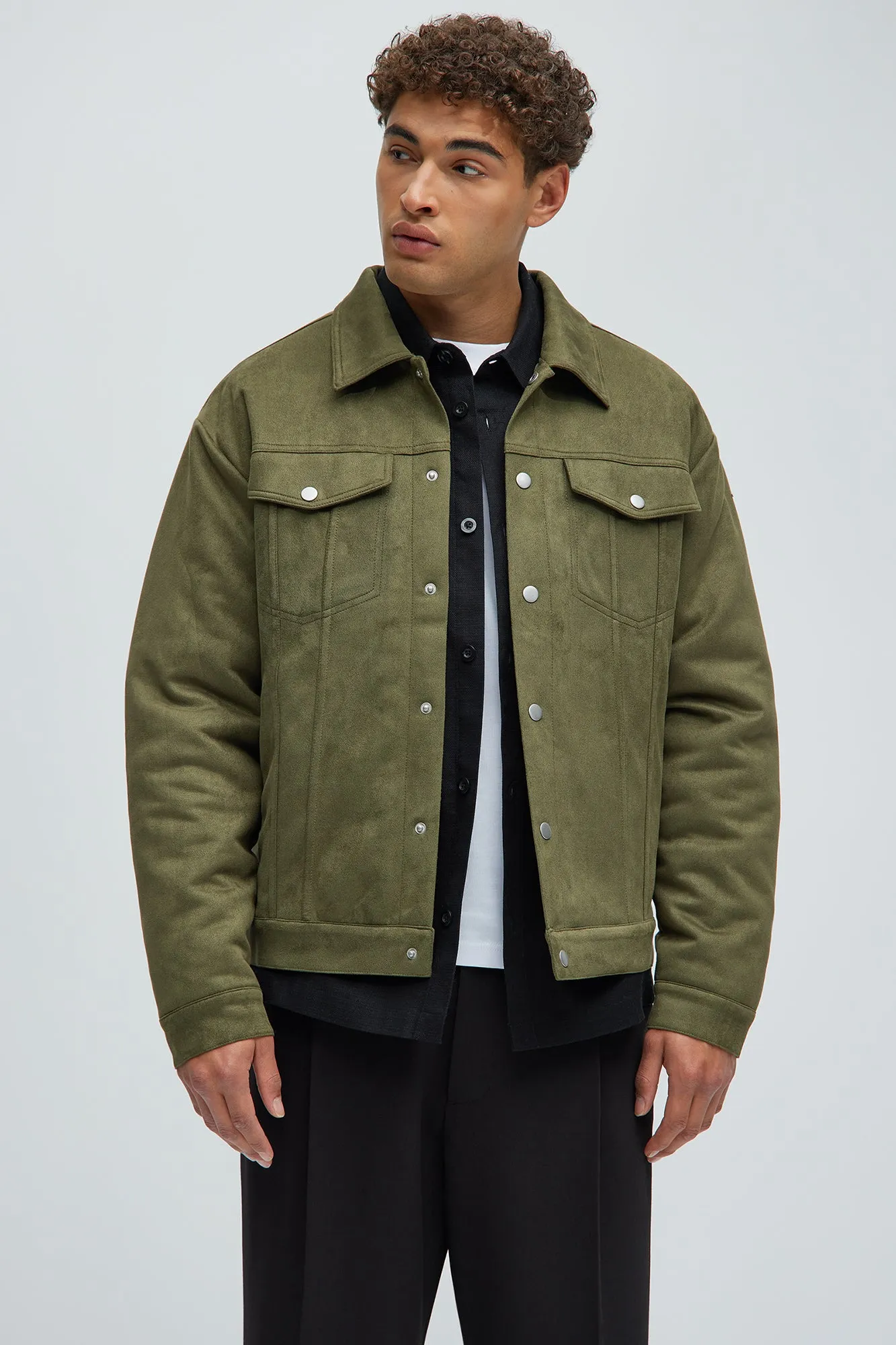 Ardee Faux Suede Padded Trucker Jacket - Olive