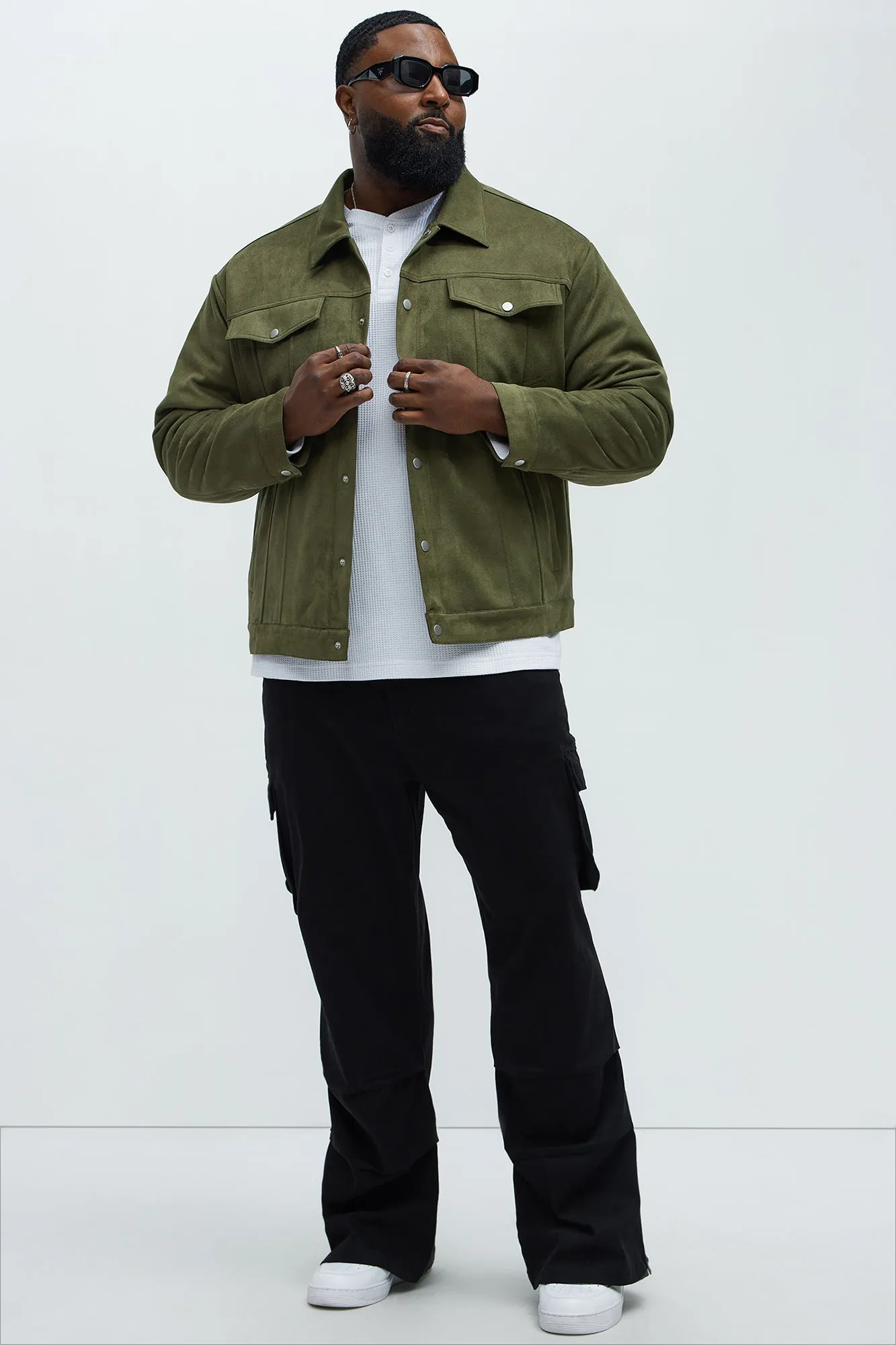 Ardee Faux Suede Padded Trucker Jacket - Olive