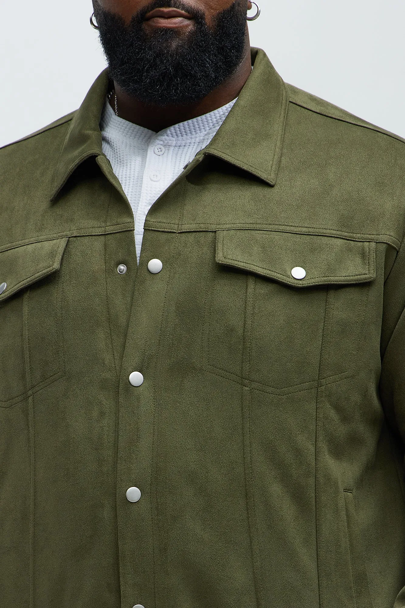 Ardee Faux Suede Padded Trucker Jacket - Olive