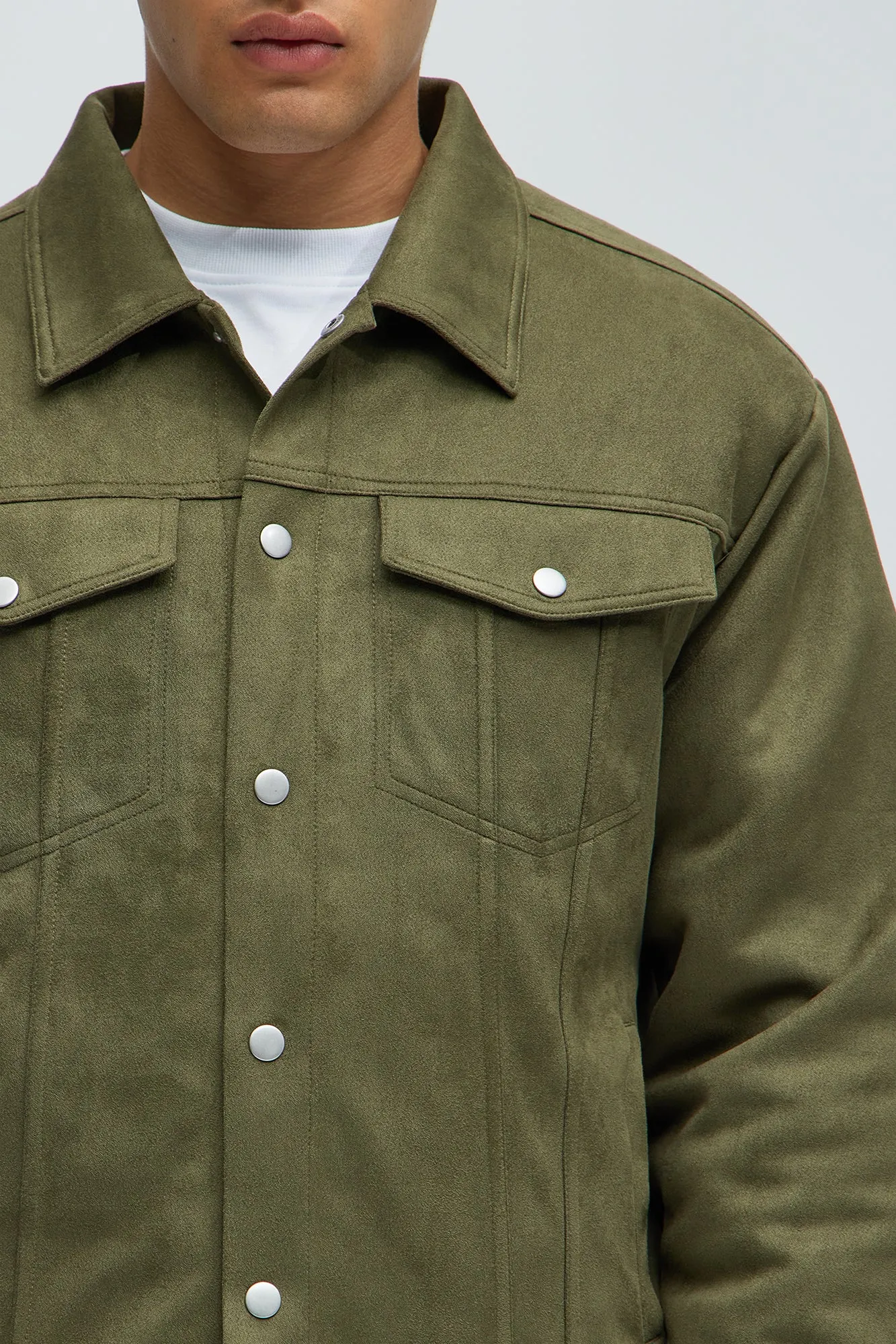 Ardee Faux Suede Padded Trucker Jacket - Olive