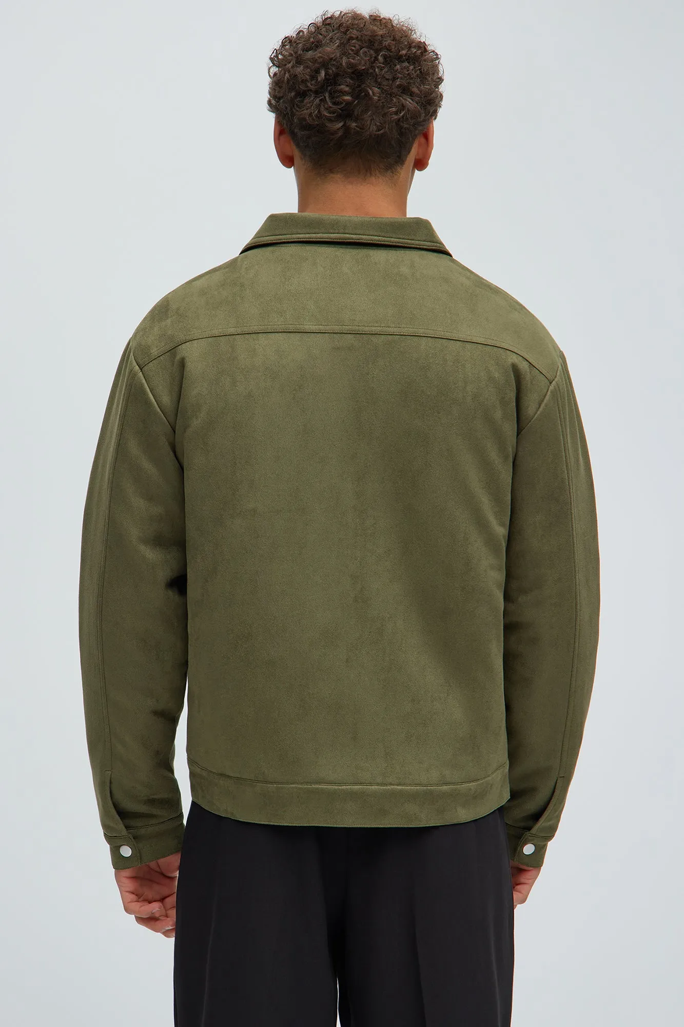 Ardee Faux Suede Padded Trucker Jacket - Olive