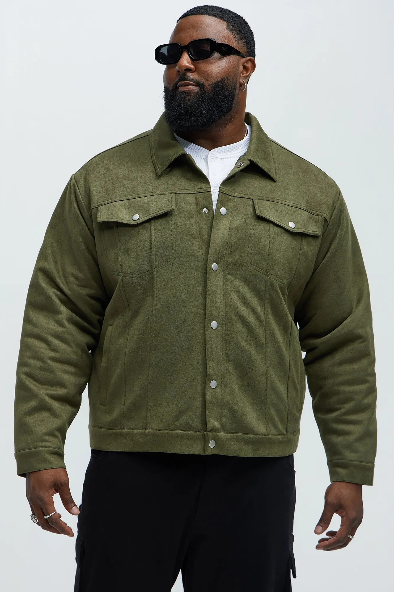 Ardee Faux Suede Padded Trucker Jacket - Olive