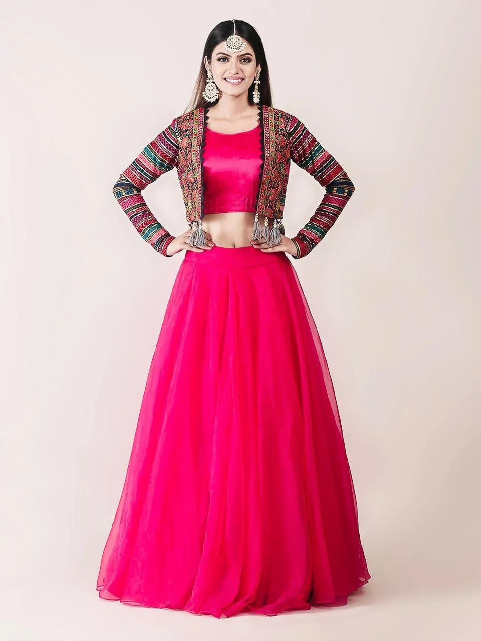 Attractive Pink Color Organza Lehenga Choli with Multicolor Georgette Koti