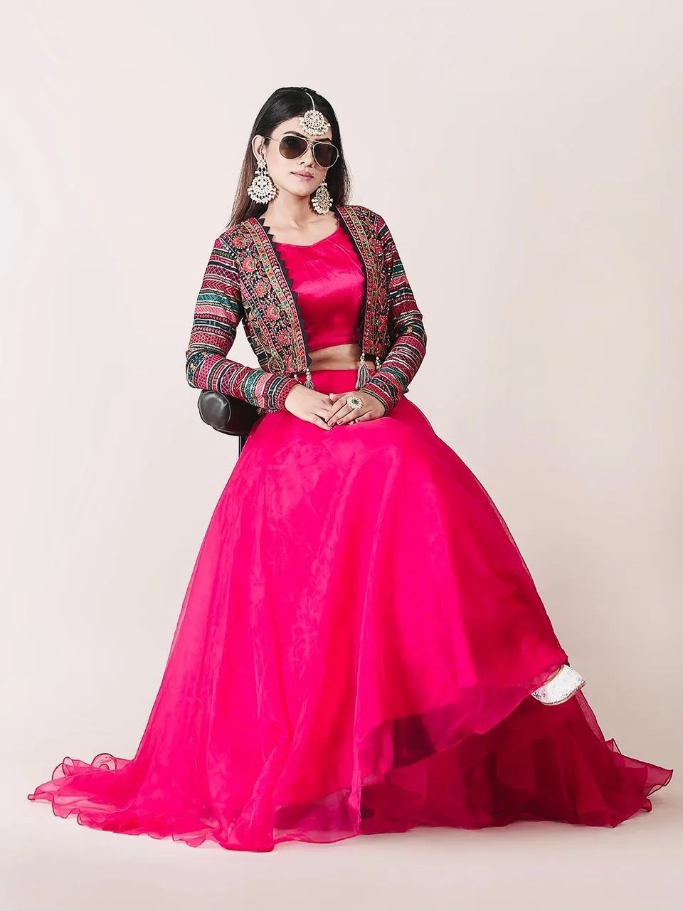 Attractive Pink Color Organza Lehenga Choli with Multicolor Georgette Koti