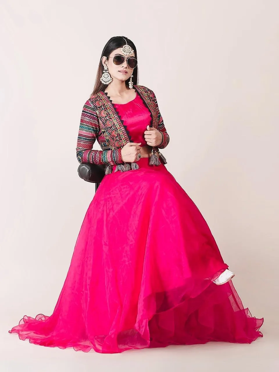 Attractive Pink Color Organza Lehenga Choli with Multicolor Georgette Koti