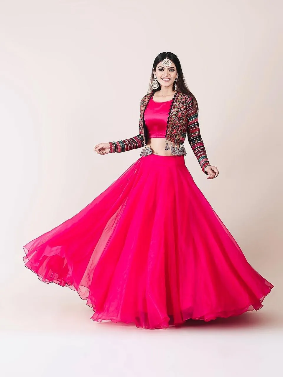 Attractive Pink Color Organza Lehenga Choli with Multicolor Georgette Koti