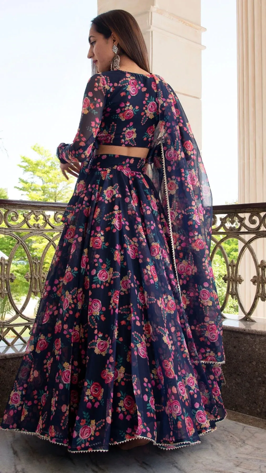 Blue Organza Floral Print Lehenga Set