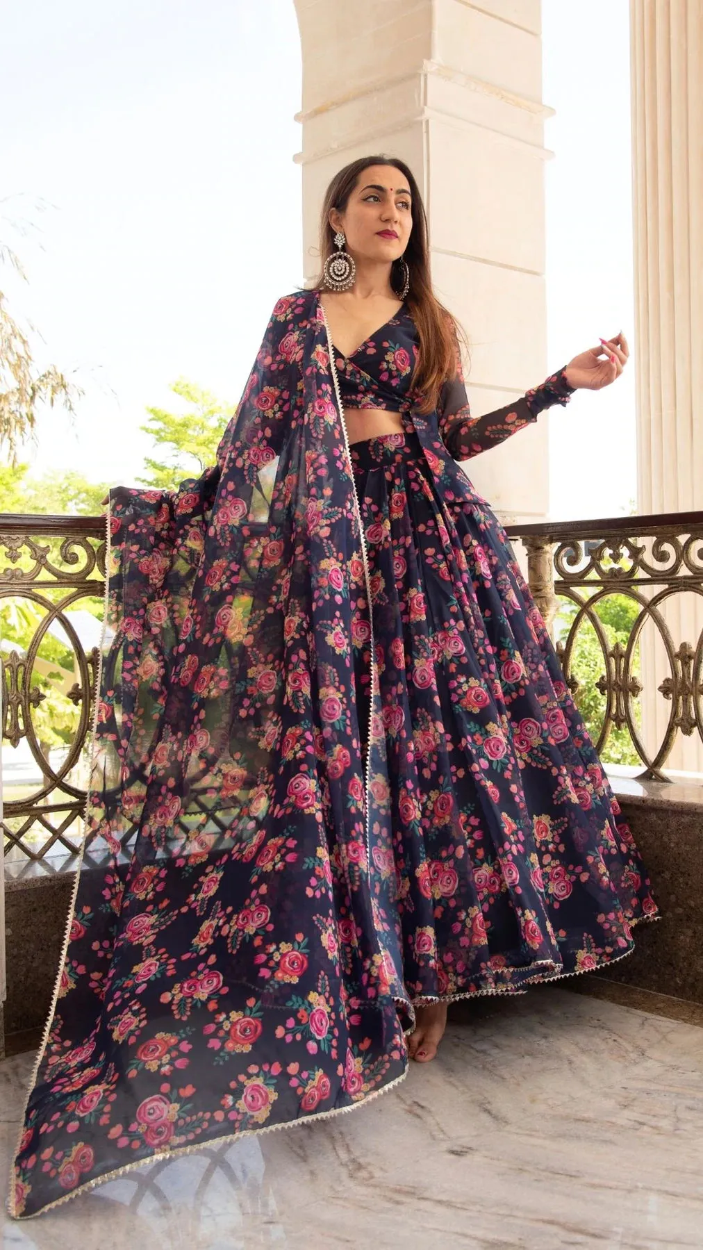 Blue Organza Floral Print Lehenga Set