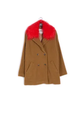 Camel wool-blend coat with red faux fur collar