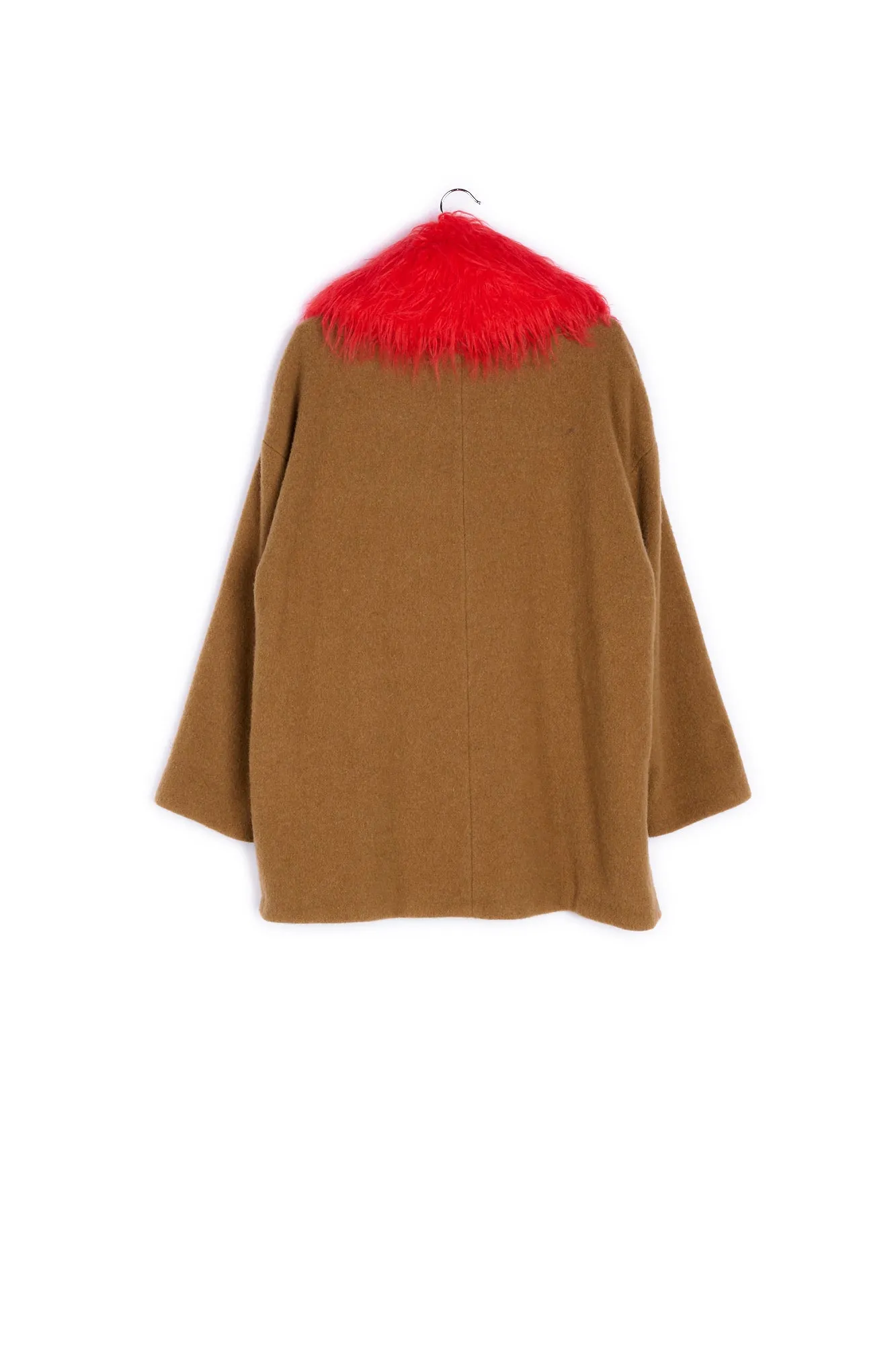 Camel wool-blend coat with red faux fur collar