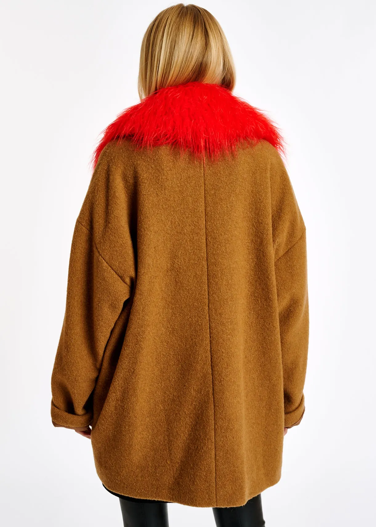 Camel wool-blend coat with red faux fur collar