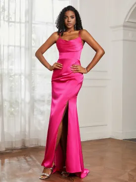 Cowl Neck Sweep Train Mermaid Satin Prom Dress Fuchsia