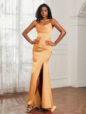 Cowl Neck Sweep Train Mermaid Satin Prom Dress Tangerine Plus Size