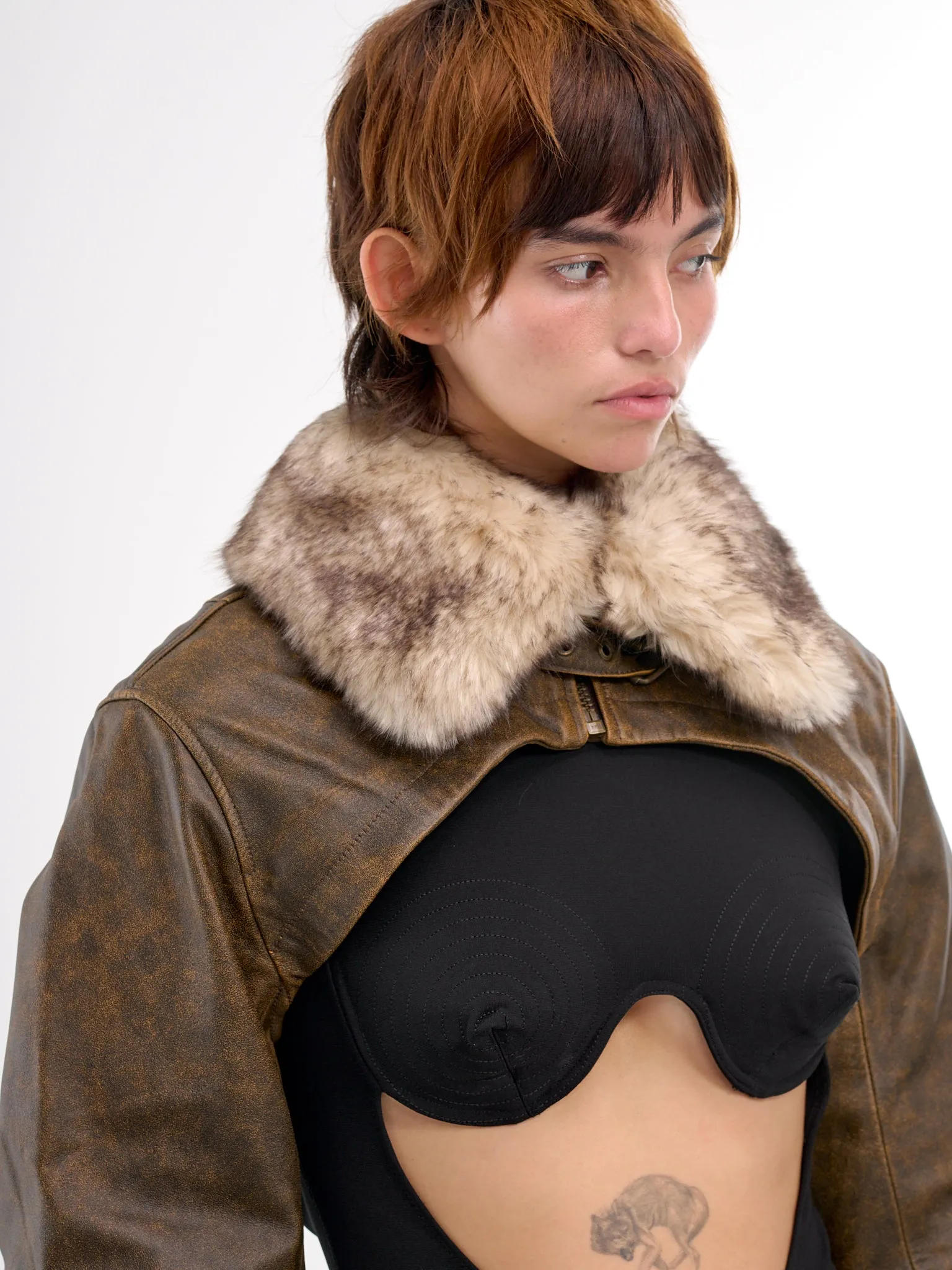 Cropped Leather Bomber Jacket (VAQ08J007-VEILLI-BROWN)