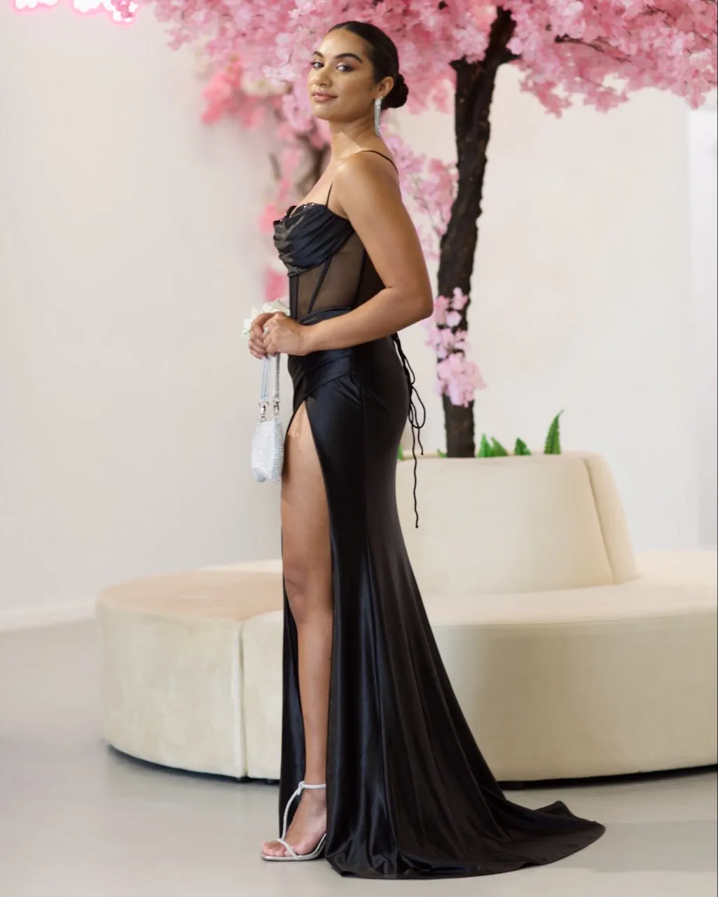 Emeline Satin Corset Gown - Black