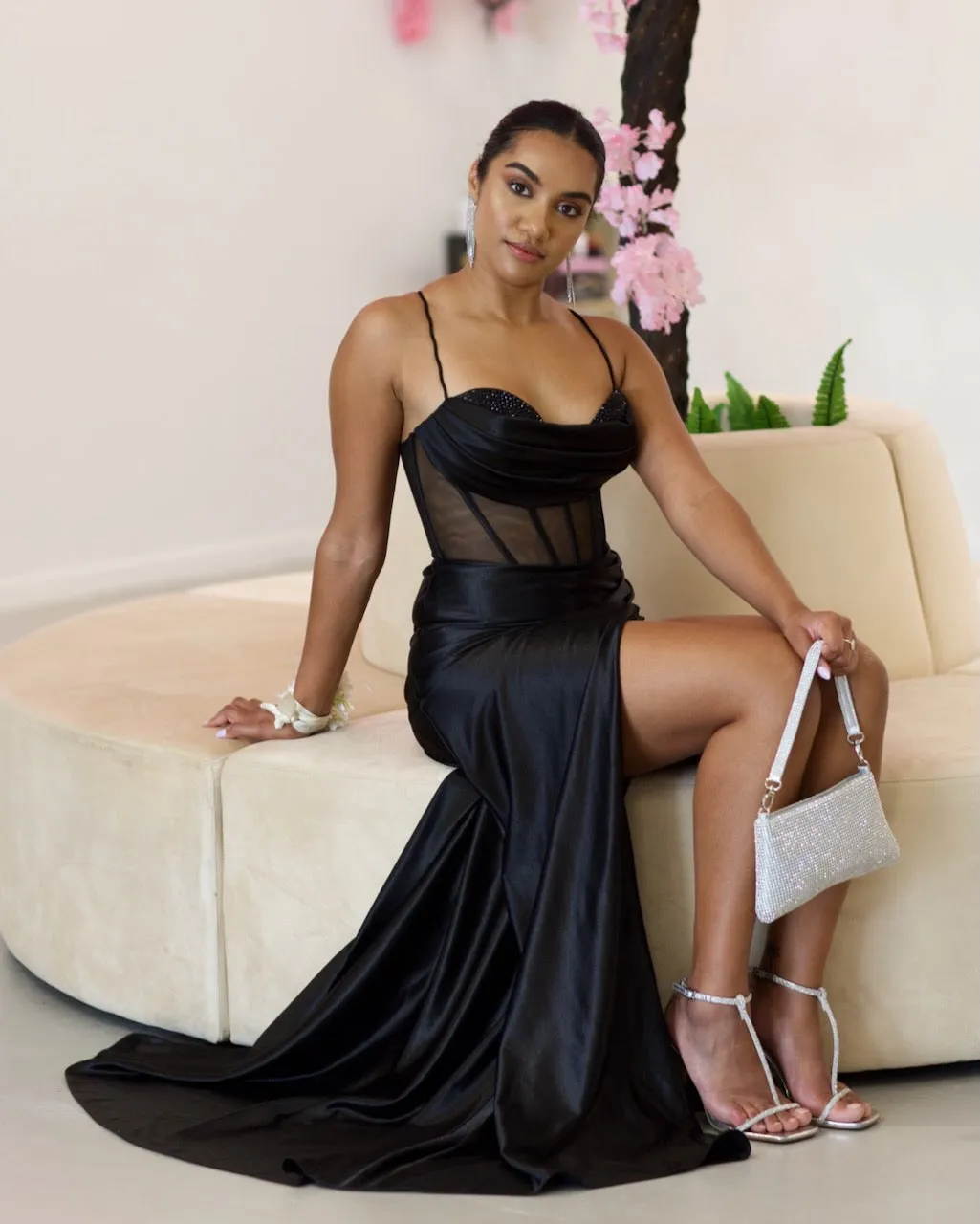 Emeline Satin Corset Gown - Black