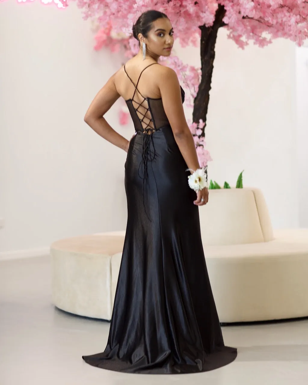 Emeline Satin Corset Gown - Black