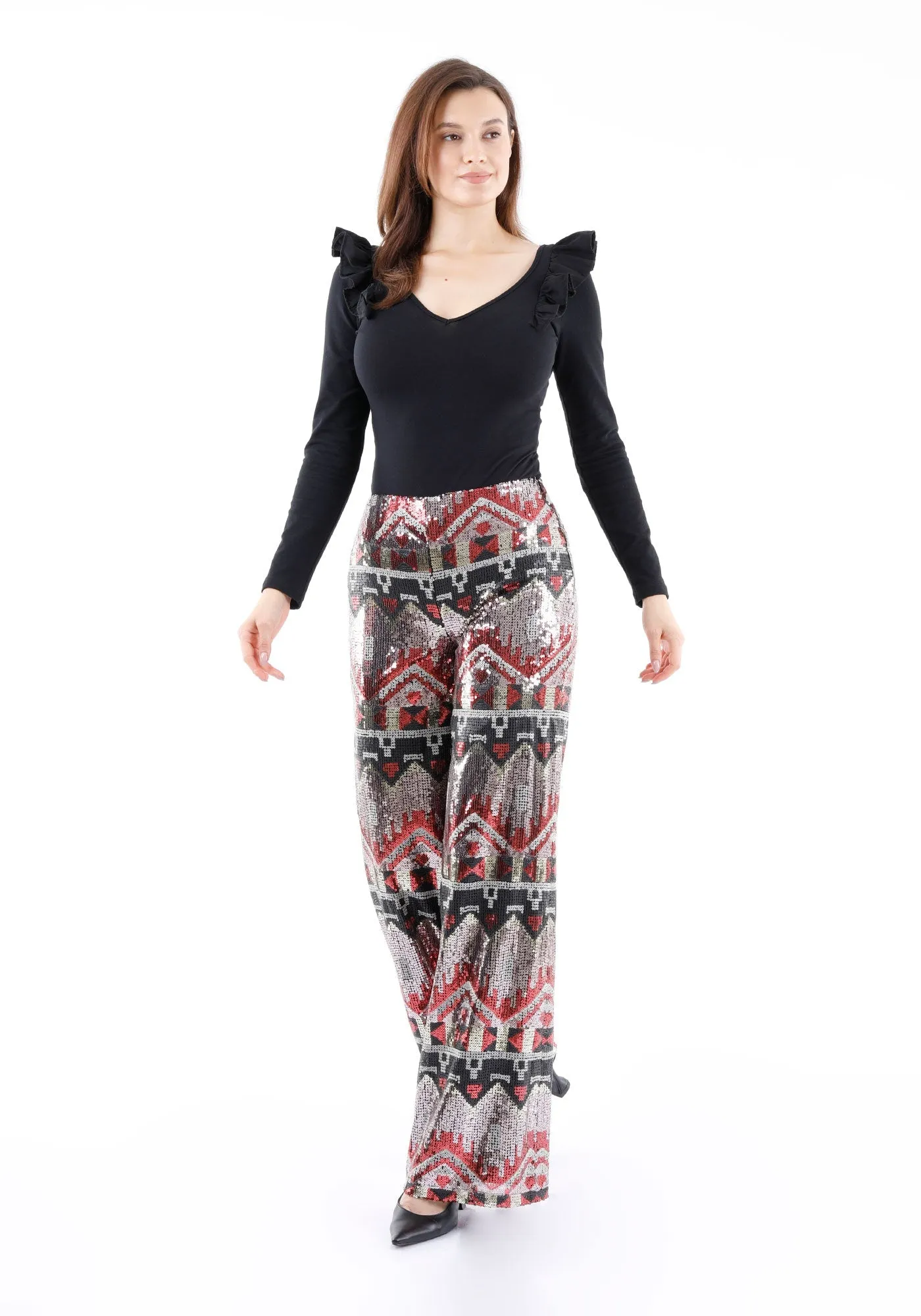 Ethnic Patterned Sequin Pants - Black