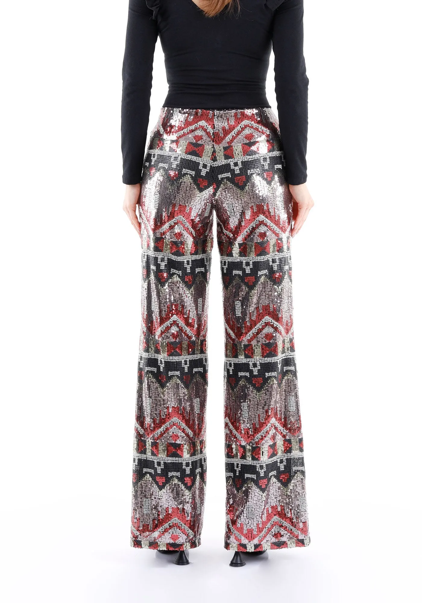 Ethnic Patterned Sequin Pants - Black