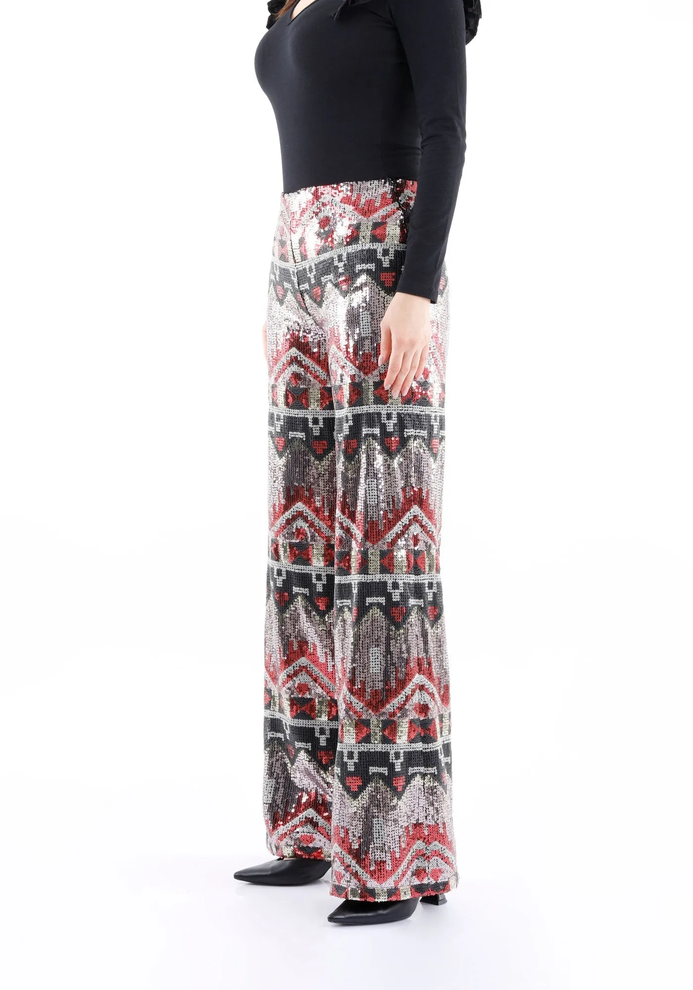 Ethnic Patterned Sequin Pants - Black