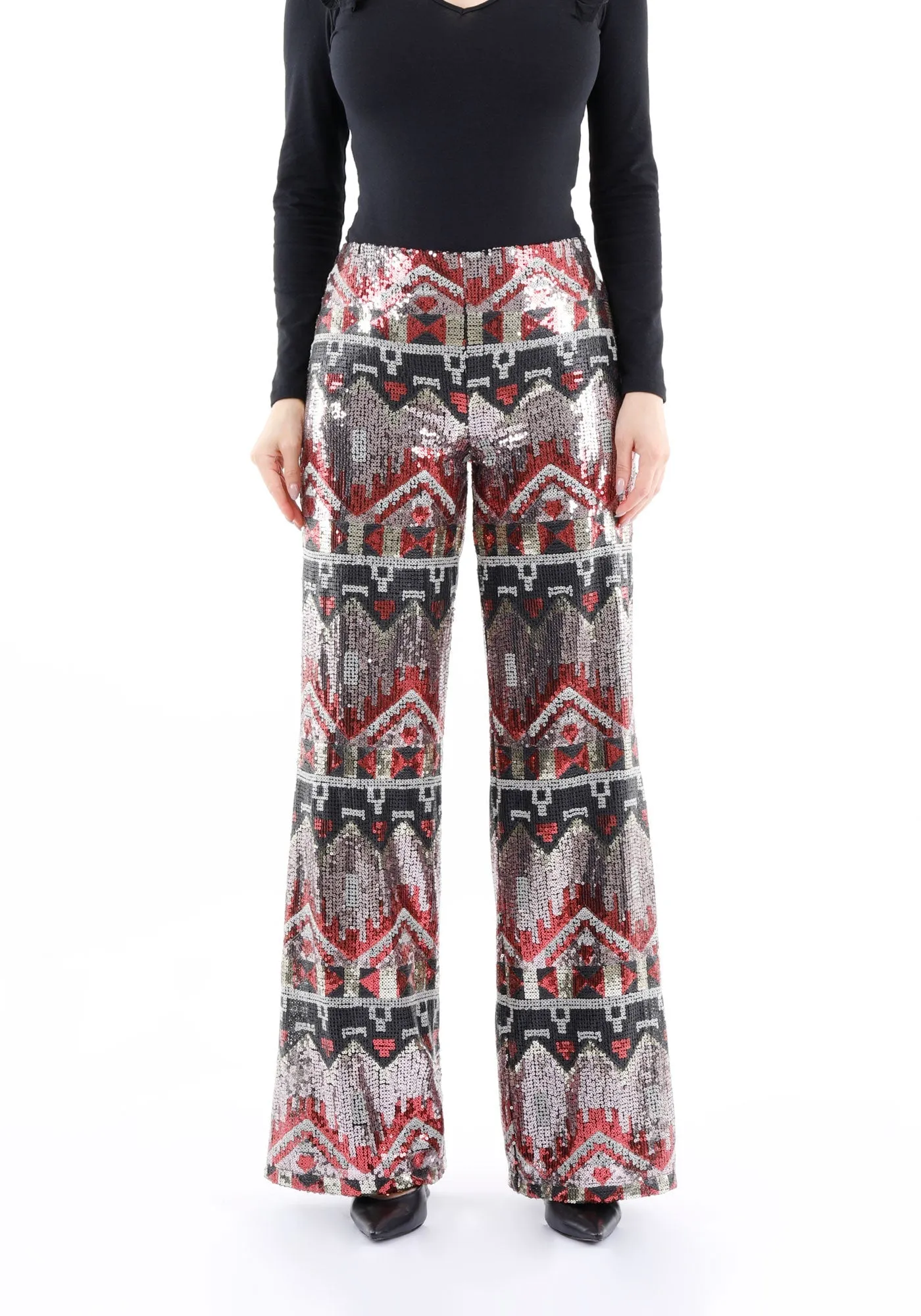 Ethnic Patterned Sequin Pants - Black