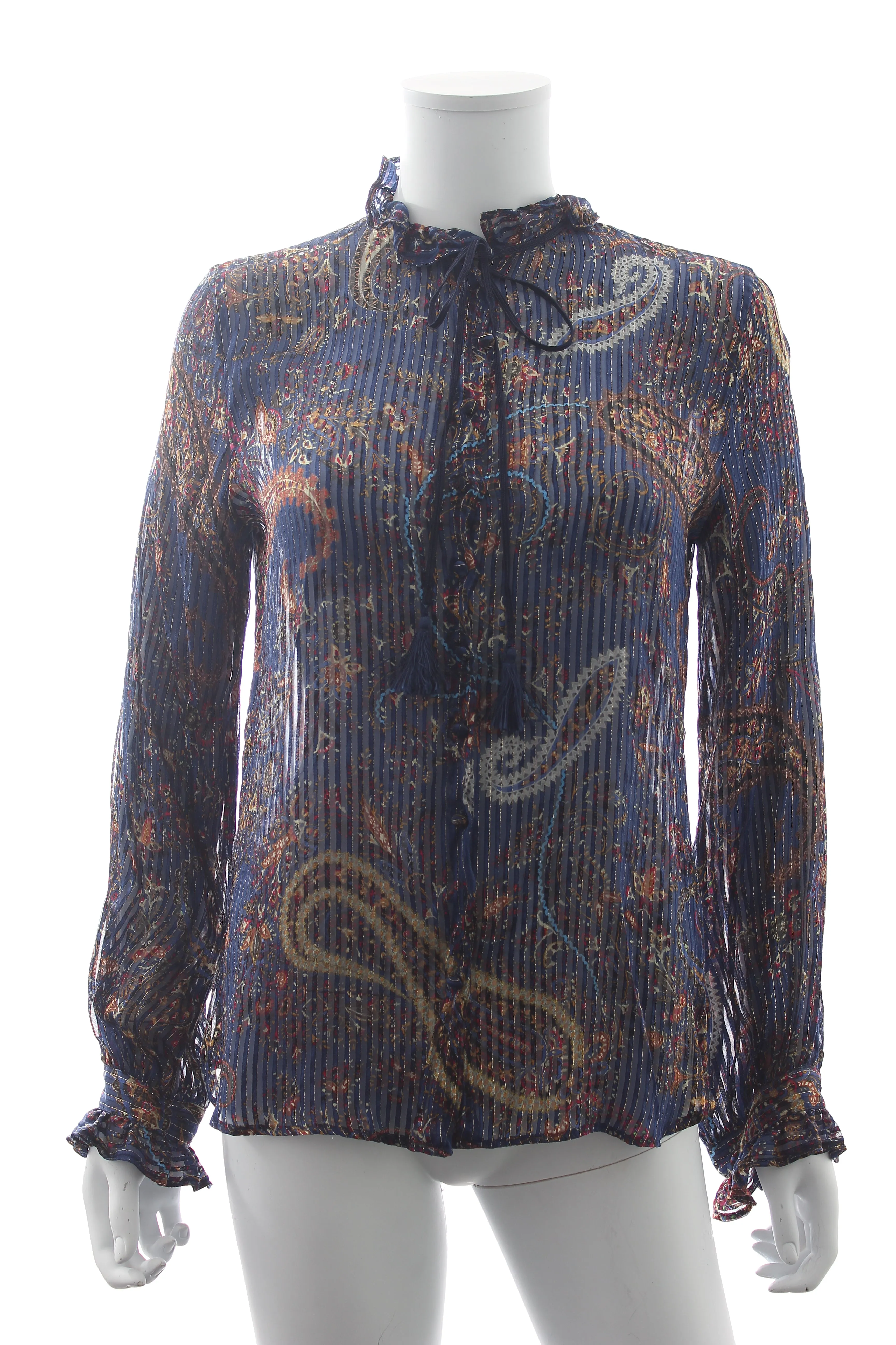 Etro Metallic-Paisley Silk Ruffled Blouse