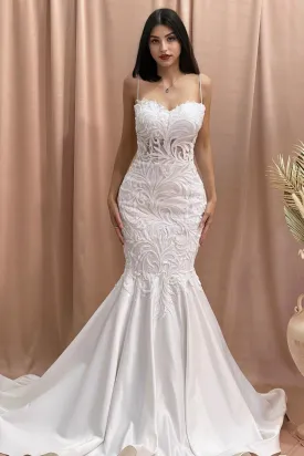 Fabulous Mermaid Sweetheart Sleeveless Appliques Tulle Satin Wedding Dresses