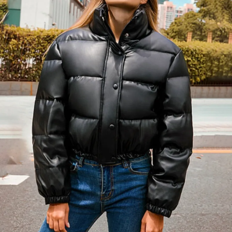 Faux Leather Cotton Padded Down Jacket