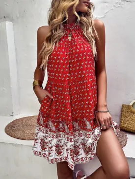 Floral Boho Print Sleeveless Pocket Halter Neck Dress