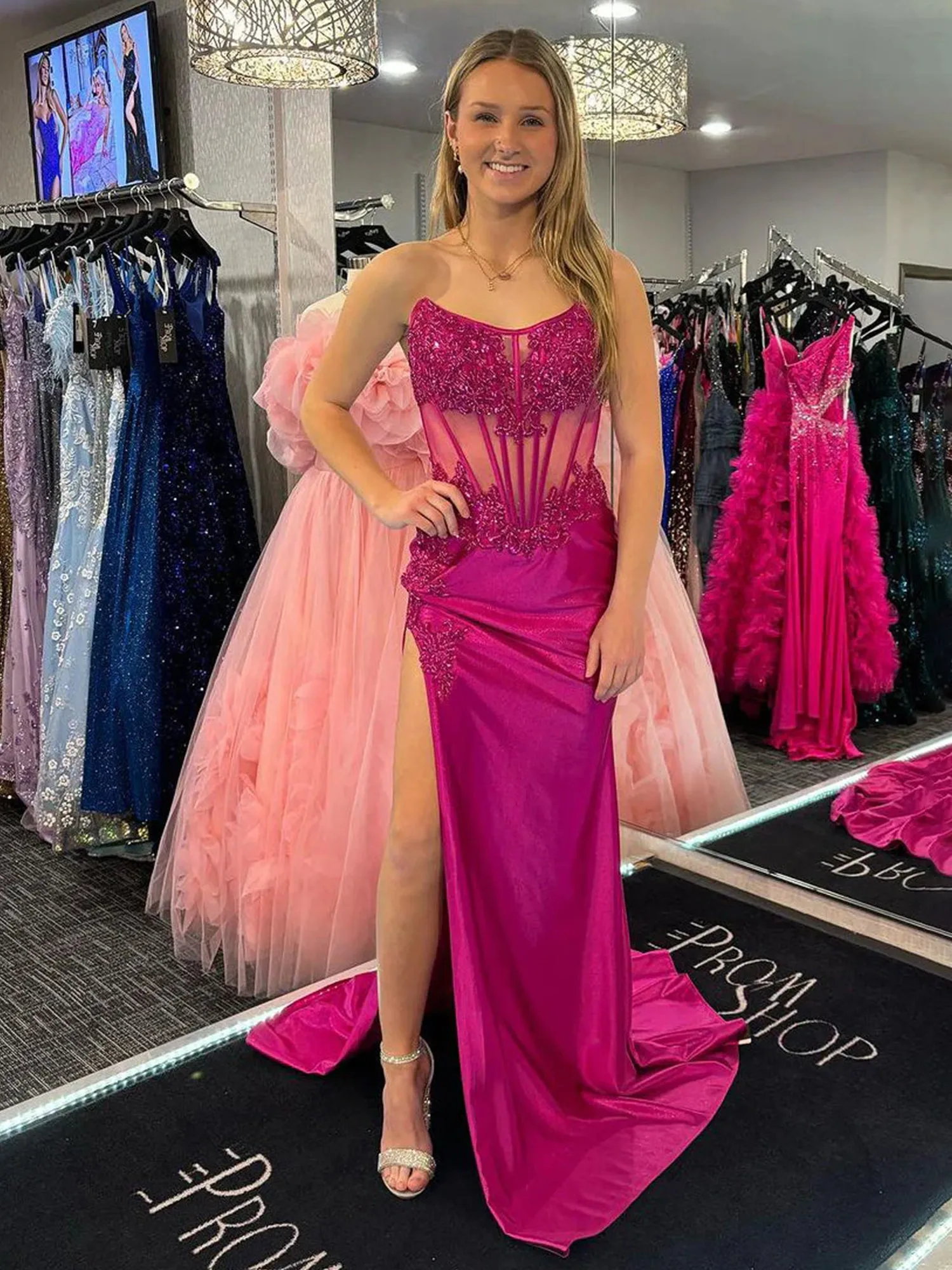 Fuchsia Strapless Satin Mermaid Long Prom Dresses with Slit