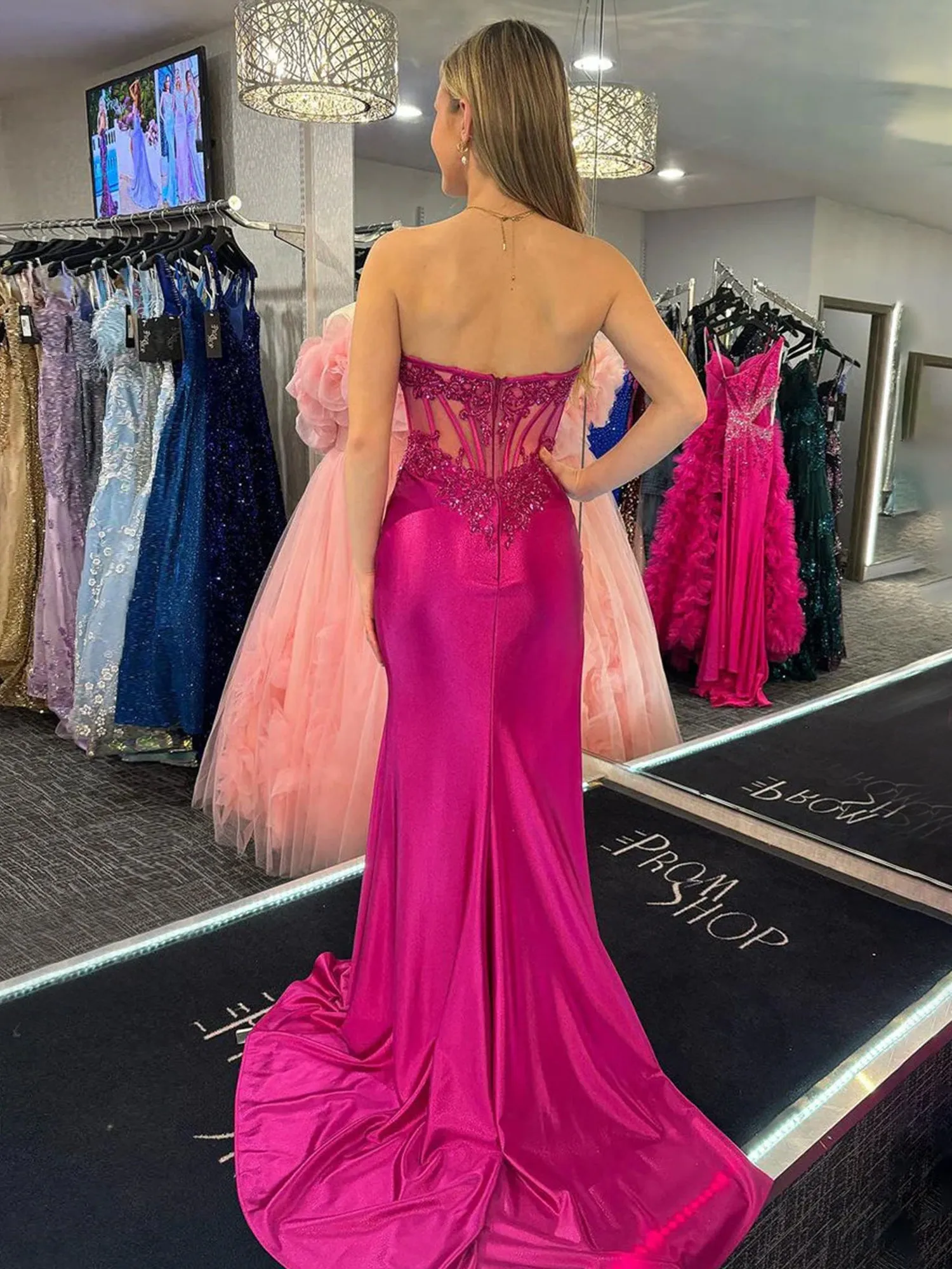 Fuchsia Strapless Satin Mermaid Long Prom Dresses with Slit