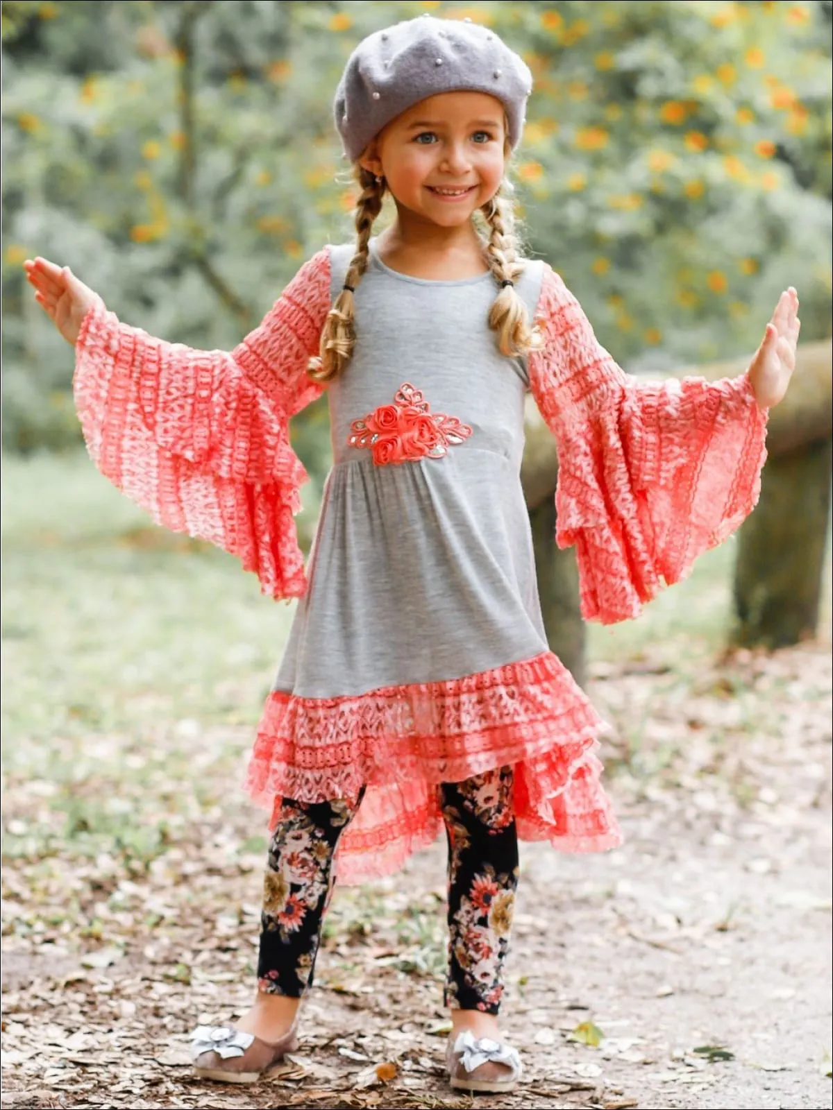 Girls Hi-Lo Tiered Flared Lace Sleeve and Hem Tunic And Legging Set