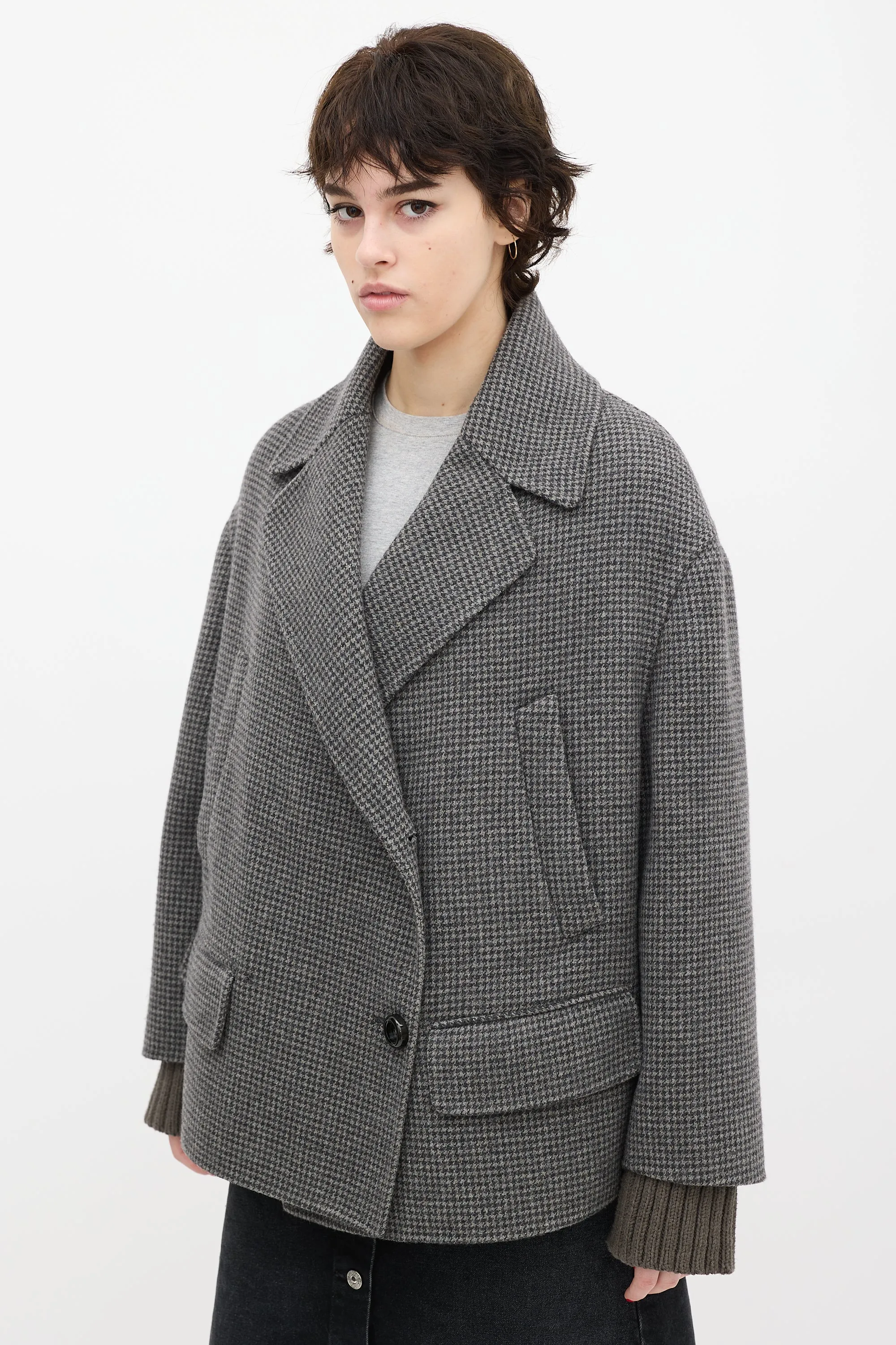 Grey & Black Wool Houndstooth Coat