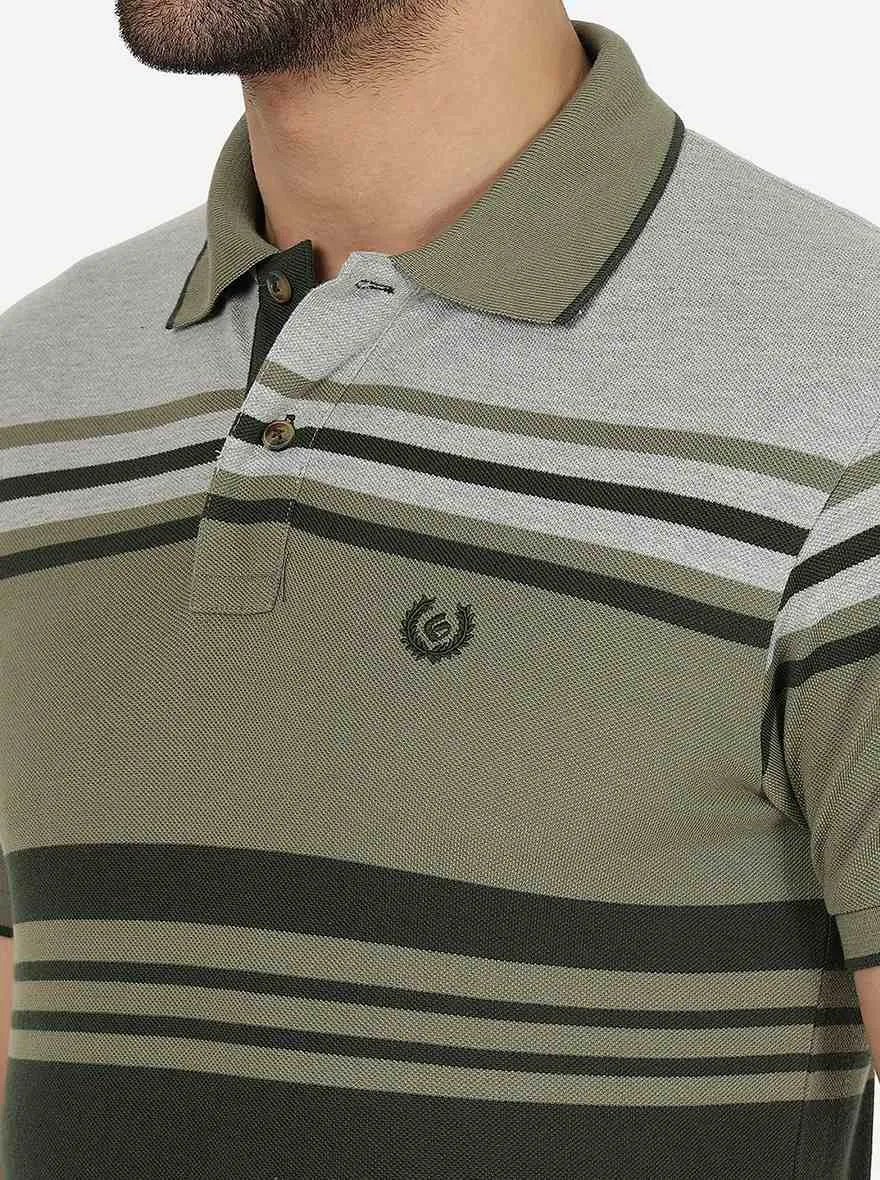 Grey & Olive Striped Slim Fit Polo T-Shirt | Greenfibre