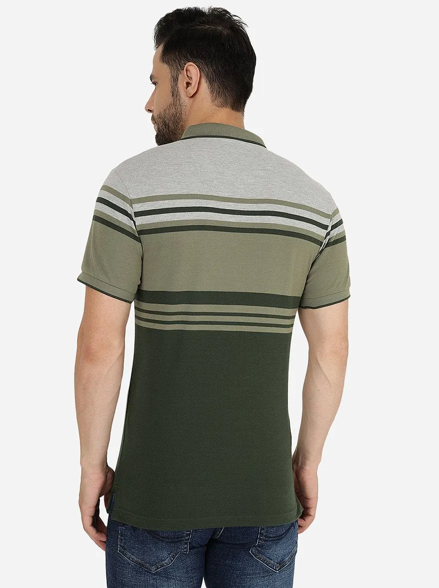 Grey & Olive Striped Slim Fit Polo T-Shirt | Greenfibre