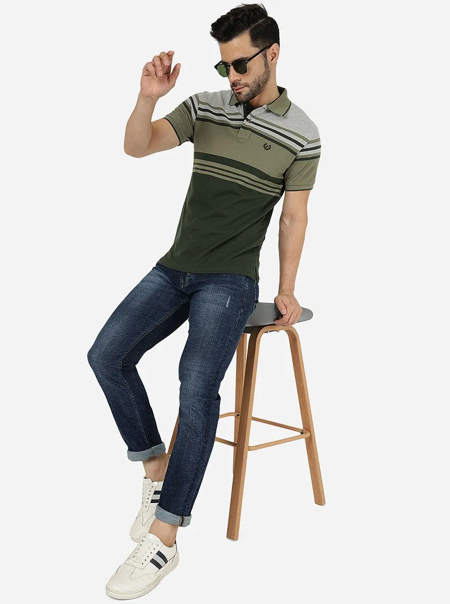 Grey & Olive Striped Slim Fit Polo T-Shirt | Greenfibre