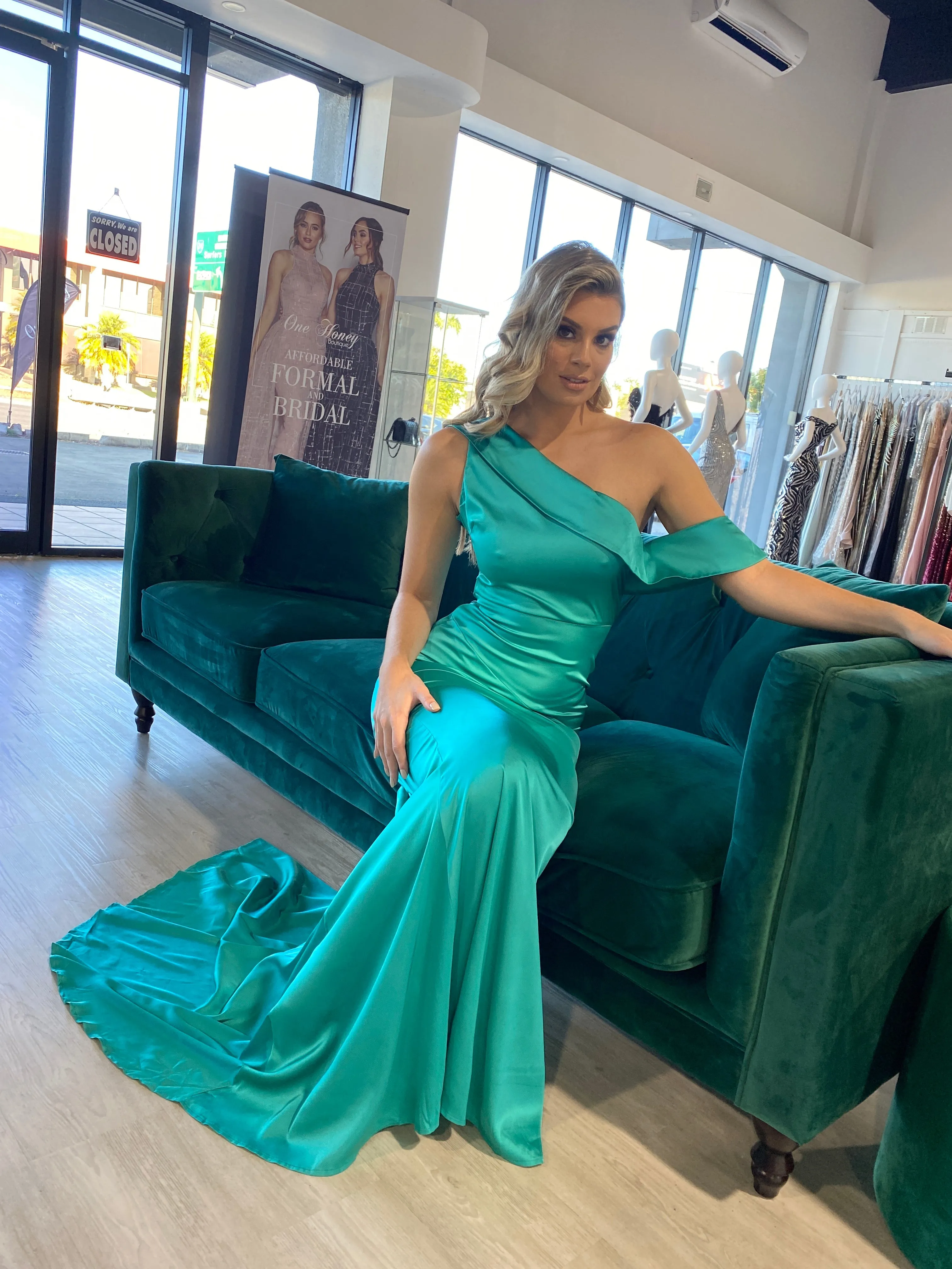 Honey Couture MEL Teal Green One Shoulder Frilly Satin Mermaid Gown